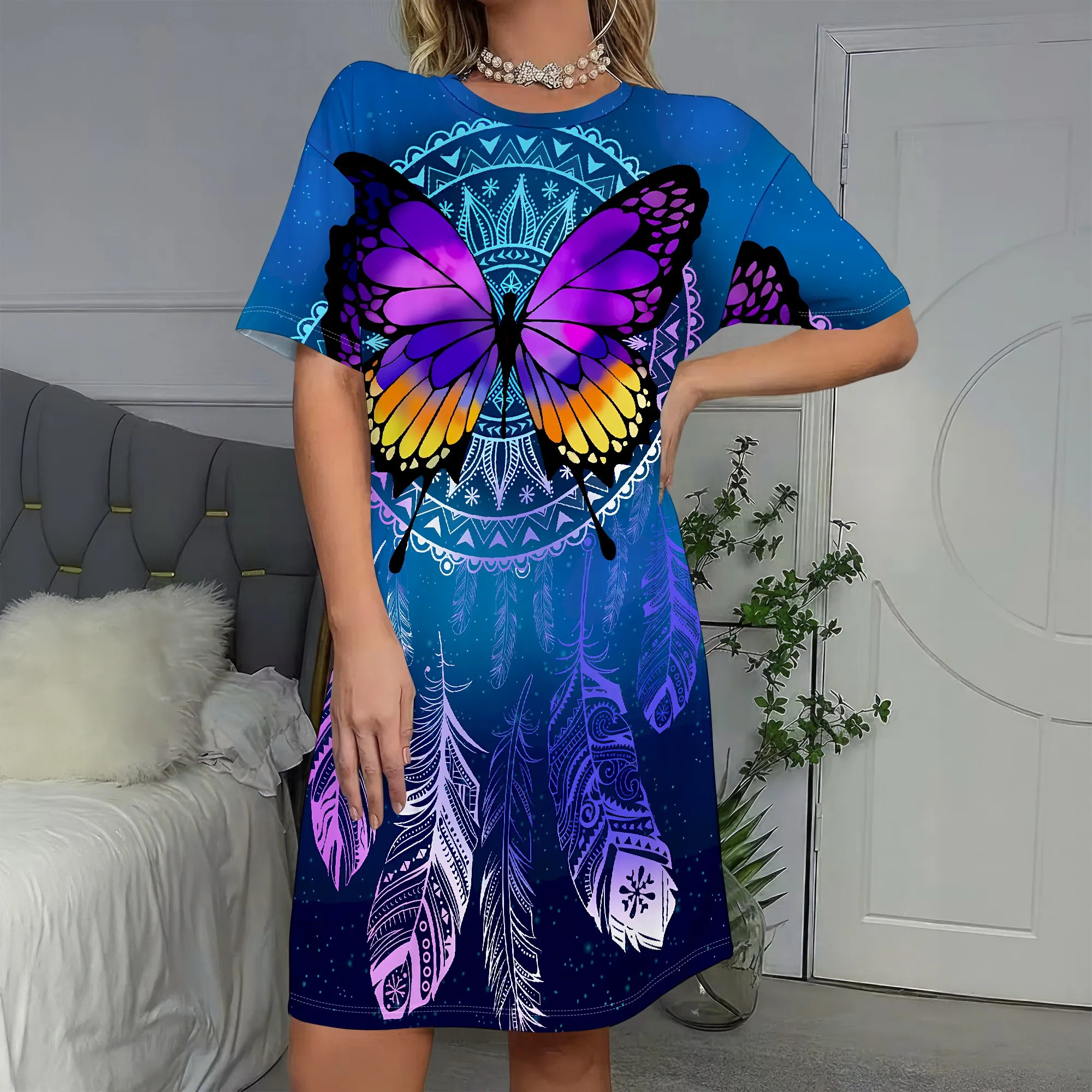 

Butterfly Mandala Dress, Boho T-Shirt Dress, Gradient Blue Print, Summer Beachwear, S-2XL