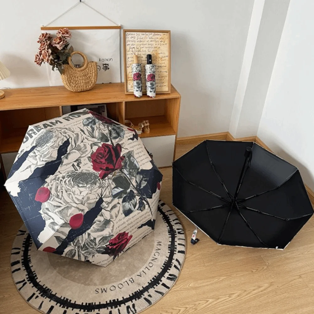 

Rose Pattern Automatic Umbrella Three Folding Reinforced Frame Folding Umbrella Lightweight Portable Sun Protection Umbrella