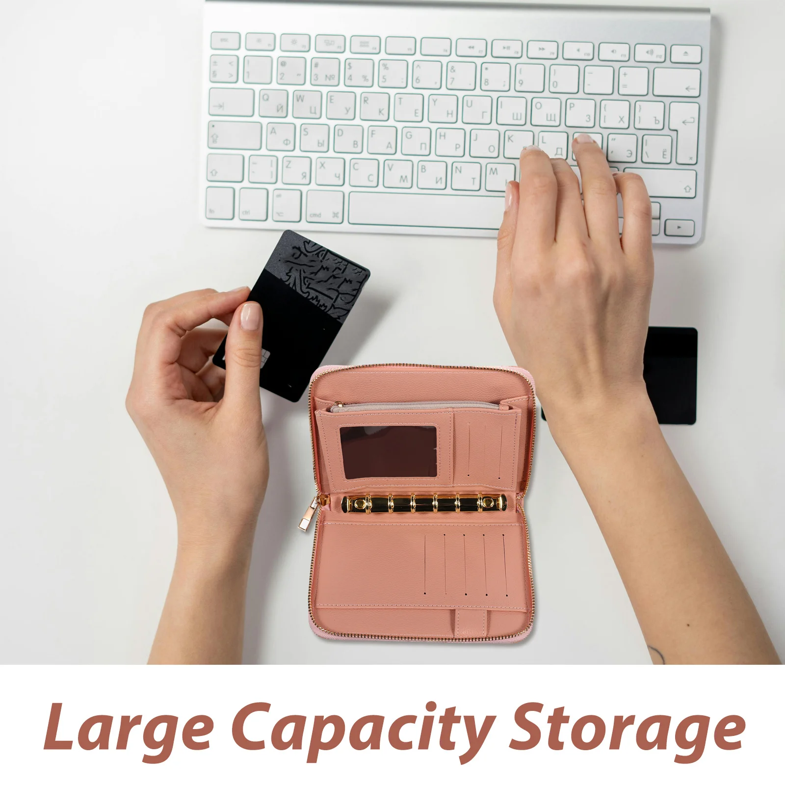 Pink Budget Wallet Zipper Large Capacity Pu Cash Organizer For Women Pouch Divider Holder