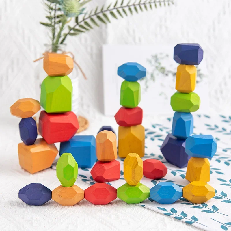 Children Color Enlightenment Cognitive Wooden Colorful Stacked Stones To Build Blocks Puzzle