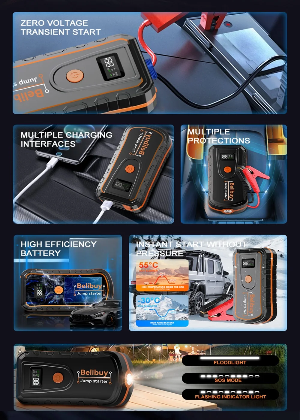 12V Auto-Starthilfe, Tragbare Notfall-Starter-Powerbank, Auto-Batterie-Booster, Autoelektronik-Zubehör für Notfälle – Detail 2