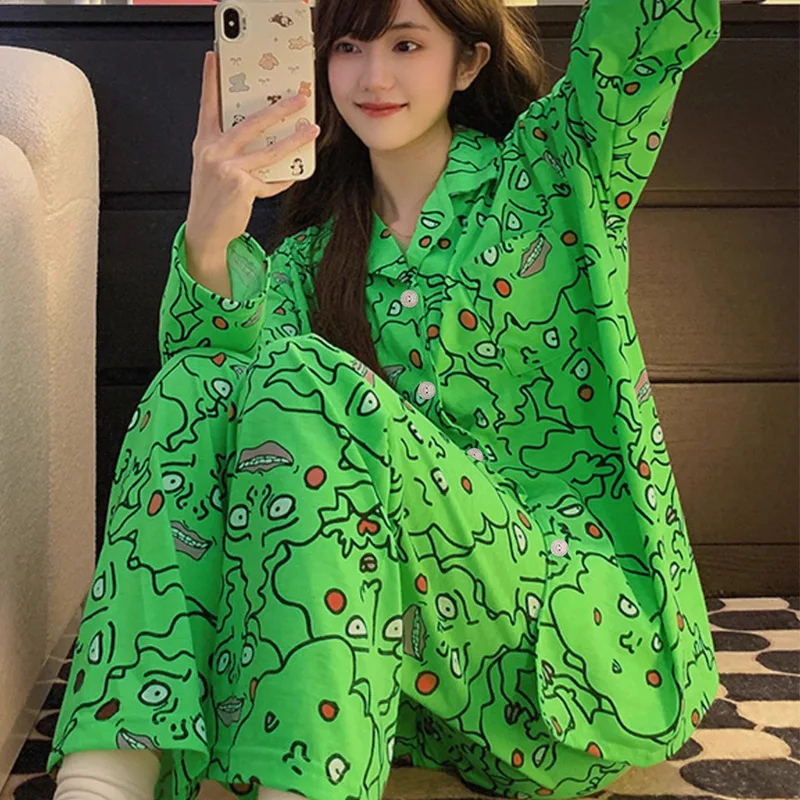 

Spring and Autumn New Women's Japanese Dimple Pajamas Homewear Suit Women's Autumn Long-Sleeved Suit Quirky Homewear Real Shot