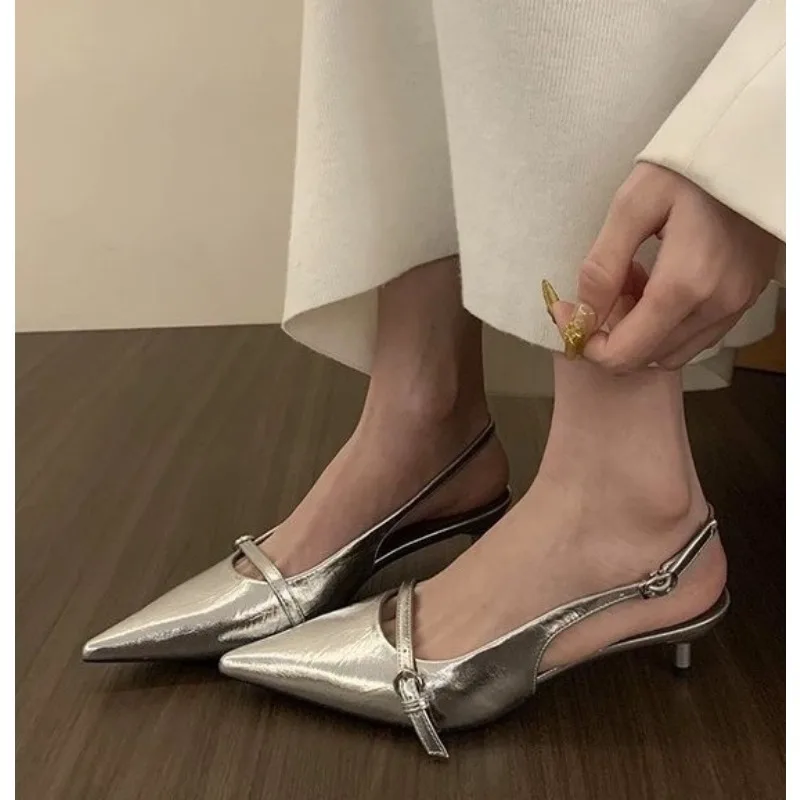 Pointed Toe Buckle Strap Ladies Sandals Gold Shallow Fashion Sexy Party Slingbacks 2026 Summer High Heeled Shoes Woman view 6