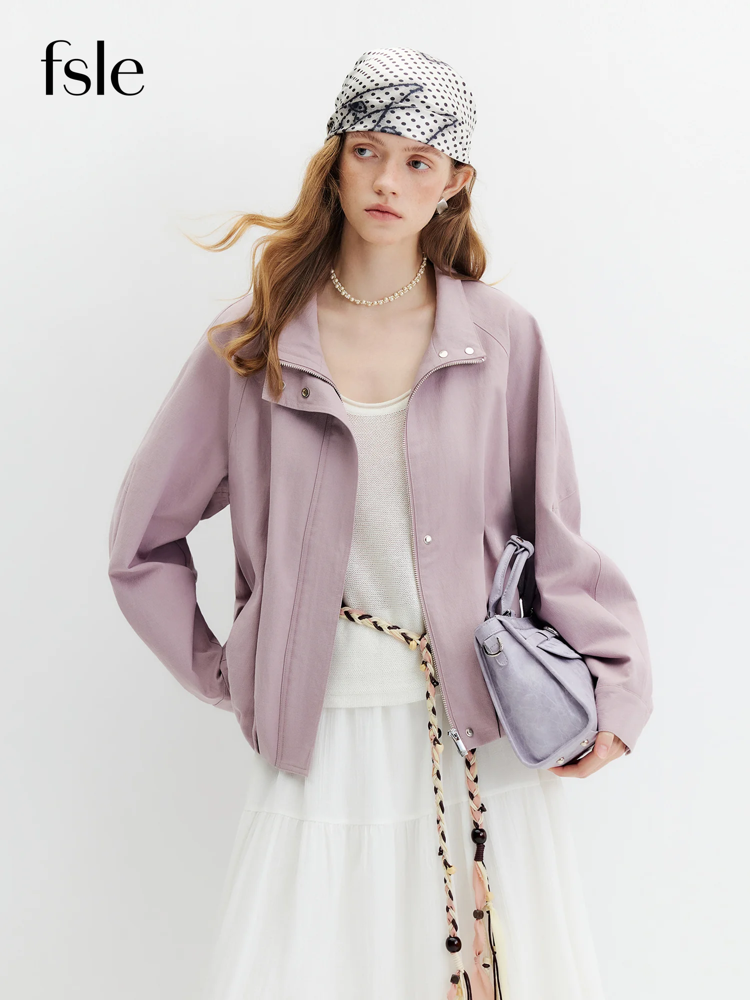 FSLE Sweet Cool Short Stand-up Collar Workwear Jacket Women New Autumn 2026 Style Cropped Coat Tulip Hem Solid Classical Leisure