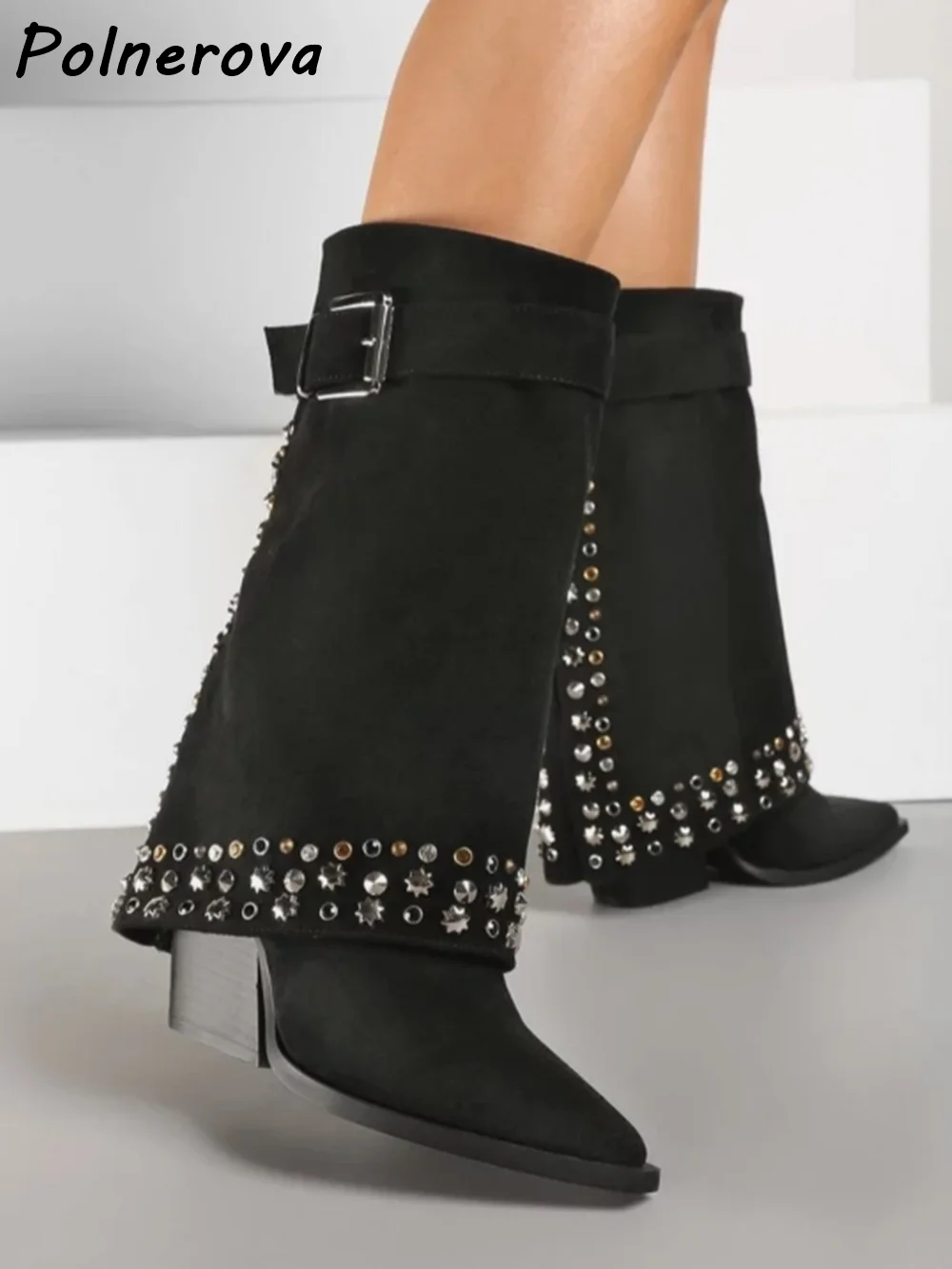 برشام الصلبة حزام الأحذية الصلبة بدوره أكثر من حواف الانزلاق على مثير حذاء بكعب سميك الانزلاق على أحذية أنيقة الشتاء المرأة تصميم أنيق الأحذية #4