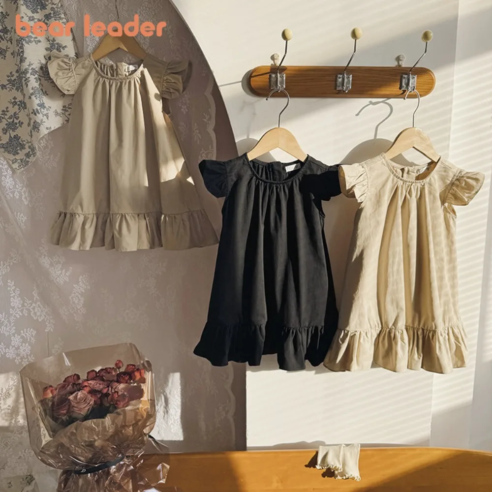 

Летнее корейское платье Bear Leader для девочек, однотонное платье принцессы с рукавами-крылышками, милое детское платье с круглым вырезом