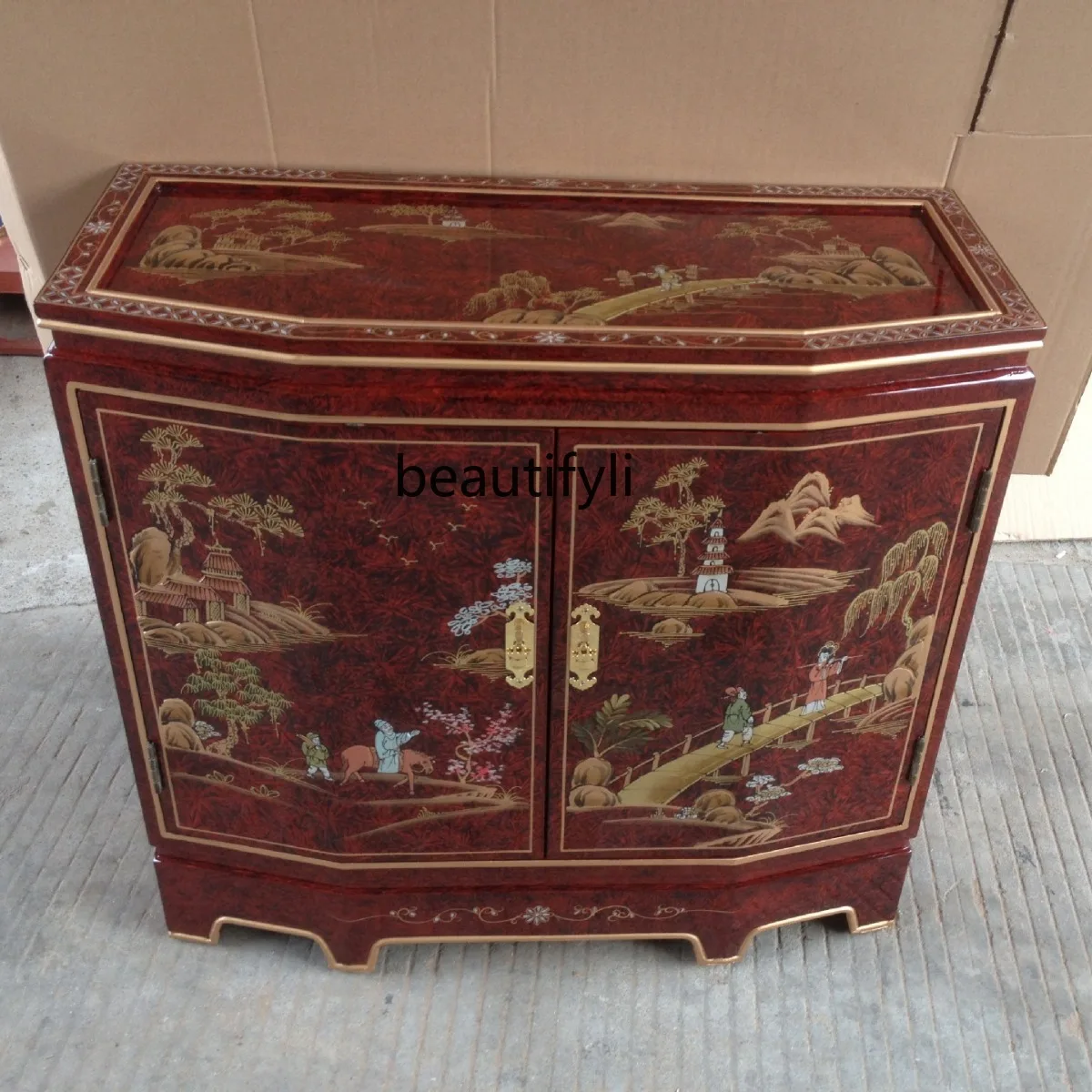 Red two-door cabinet entrance painted furniture hand-painted landscape entrance   entrance hall decorative cabinet