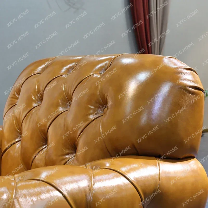 Cowhide Xiaomei Style Living Room Furniture Retro Pull Buckle Leather Sofa