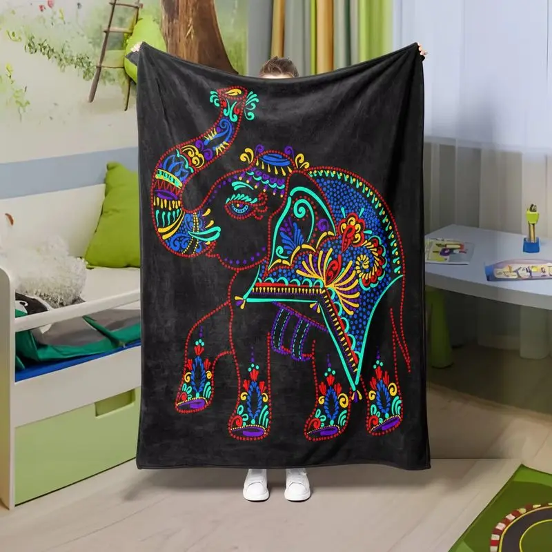 Mandala Indian Elephant Flannel Throw Blanket Tribal Floral Purple Print Boho Bedroom Camping Decor Gift Cover