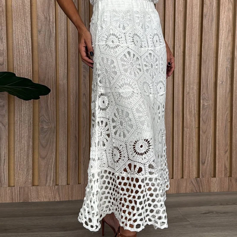 Crochet Lace Skirt Mid Long A-line Openwork Knitted Skirt Casual Summer 2026 Vintage Bohemian Vacation Skirt