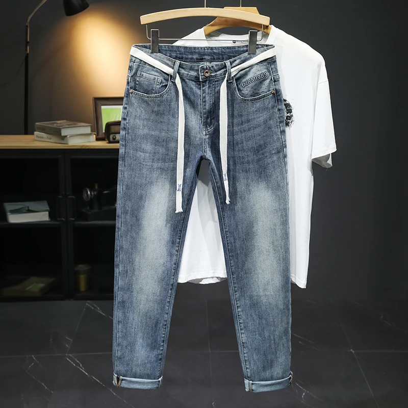 

2024Summer New Jeans Men's High Elasticity Waist Strap Matching Japanese Style Boy Straight High-End Washed Trousers