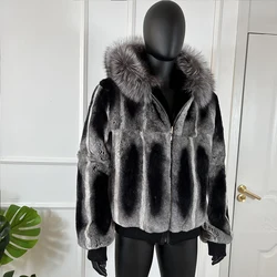 Chinchilla Fur Coats Real Rex Rabbit Fur Hooded Jacket With Natural Fox Fur Collar Real Fur Jackets