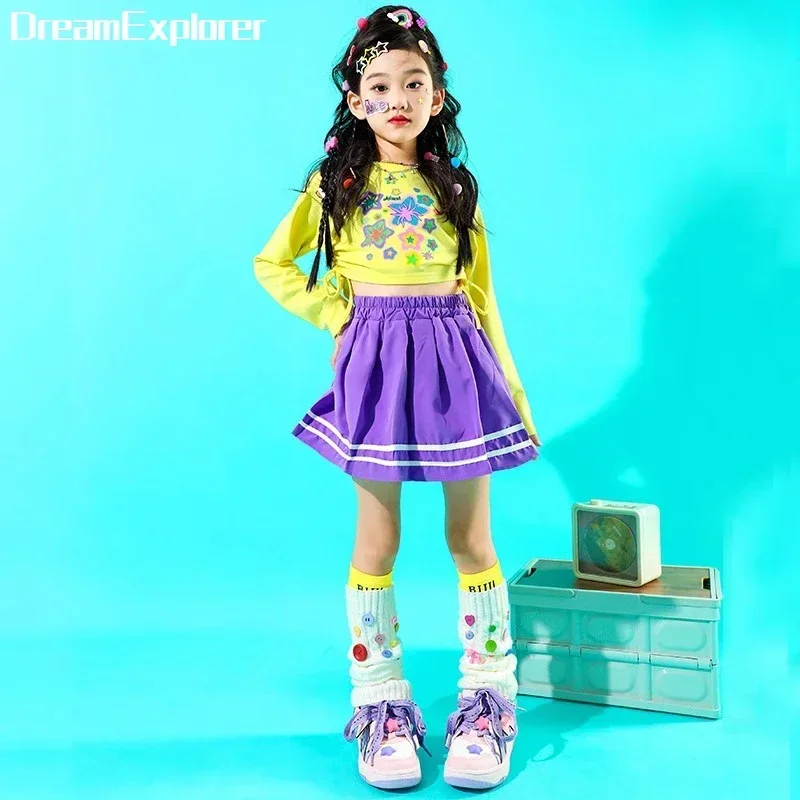 Hip Hop Kids Cute Crop Top Street Dance Solid Skirts Girls Streetwear Colorful Sweatshirt Children Jazz Costumes Clothes Sets