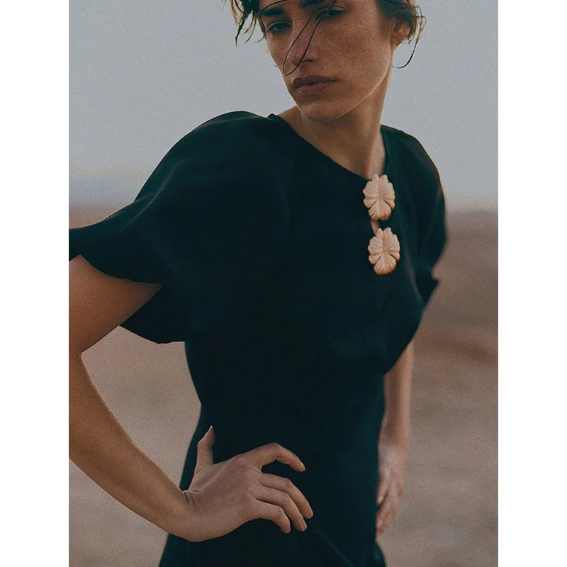 Frühling Sommer Neue Damen runde Ne Lantern Sve Floral verziert Dr Hohe Taille A-Linie Bubble Sve ort Sve Dr