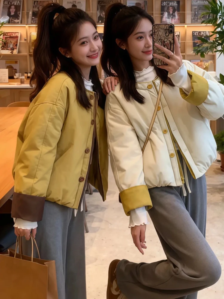 

Женская свободная повседневная куртка-пуховик из хлопка с круглым вырезом, в корейском стиле, с длинными рукавами