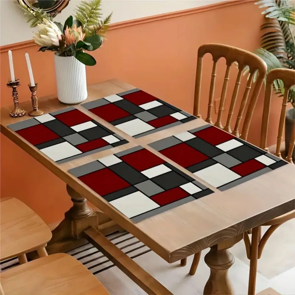 6 Piece Plaid Pattern Geometric Aesthetic Placemat Waterproof Linen Insulated Dinning Mat Rectangular Stain-resistant