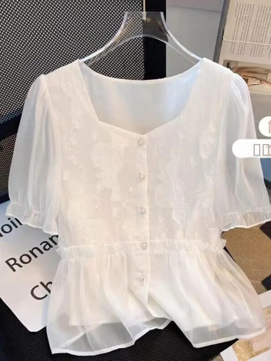 夏スクエアカラー半袖レディースシフォンシャツ美しいお腹カバー上下2点セットおしゃれ若々しい