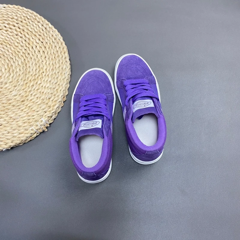 Purple and white color blocked mid top casual shoes, suede splicing mesh breathable board shoes, niche design sense, American