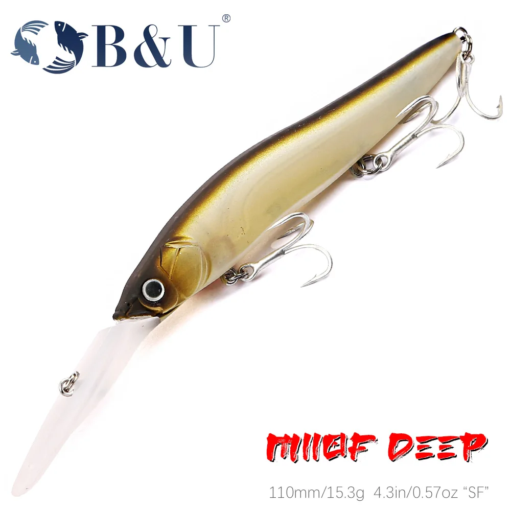 B&U 110mm Deep Diving Slow Floating Minnow Wobbler Lure Artificial Hard Bait Crankbait Bass Pike Walleye Perch Fishing Gear