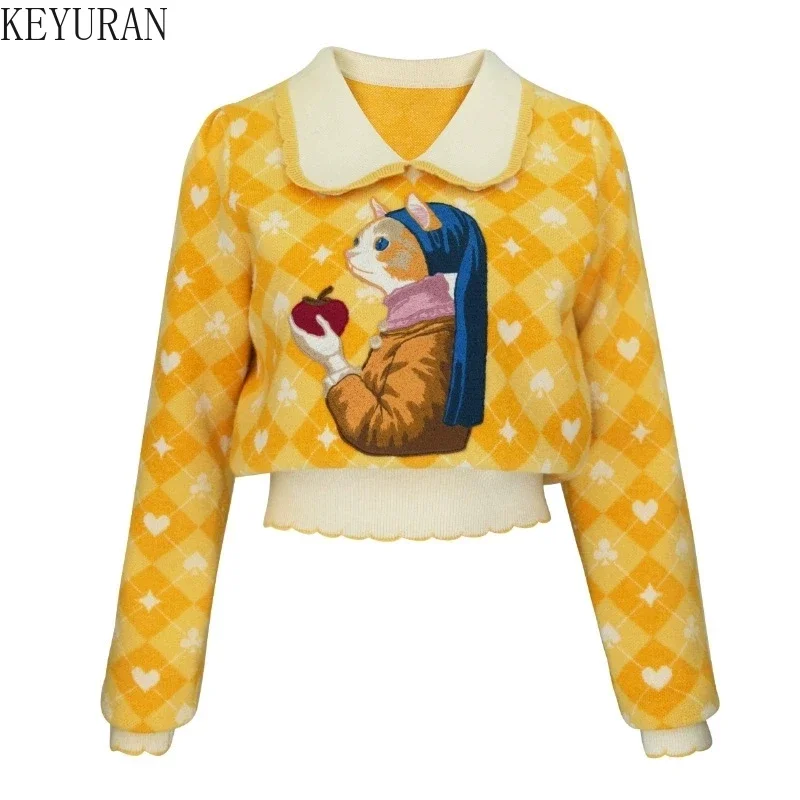 Yellow Cartoon Embroidered Sweater Pullover Women Vintage Elegant Stylish Ladies Tops Autumn Winter Long Sleeve Fashion Jumpers