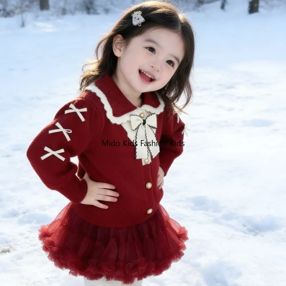 

1-10Y Girls Knit Dress Set Winter New Baby Red Princess Collar Sweater Outfit Festive Year Dress 90-130CM