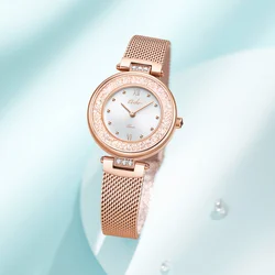 EBOHR-reloj de cuarzo japonés para mujer, pulsera elegante con esfera de diamante, banda de malla, regalo Popular