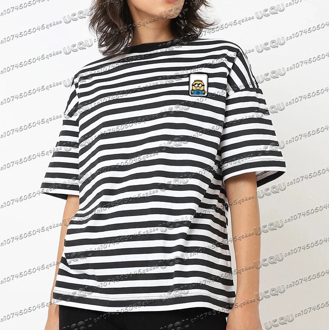 

Summer Women's White Minions Striped Casual T-shirt Men's Round Neck 3d Print Sport Tops Graphic Tee Jersey