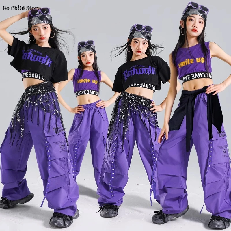 Girls K-pop Crop Top Purple Cargo Pants Children Hip Hop Girl Group Street Dance Clothes Set Kids Streetwear Jazz Summer Costume