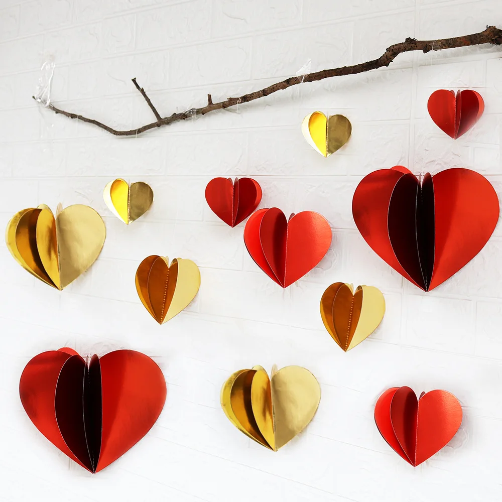 Red Gold 3D Love Heart Garland Paper Hanging Heart Swirl Ornament for Valentine's Day Anniversary Wedding Party Decor Supplies