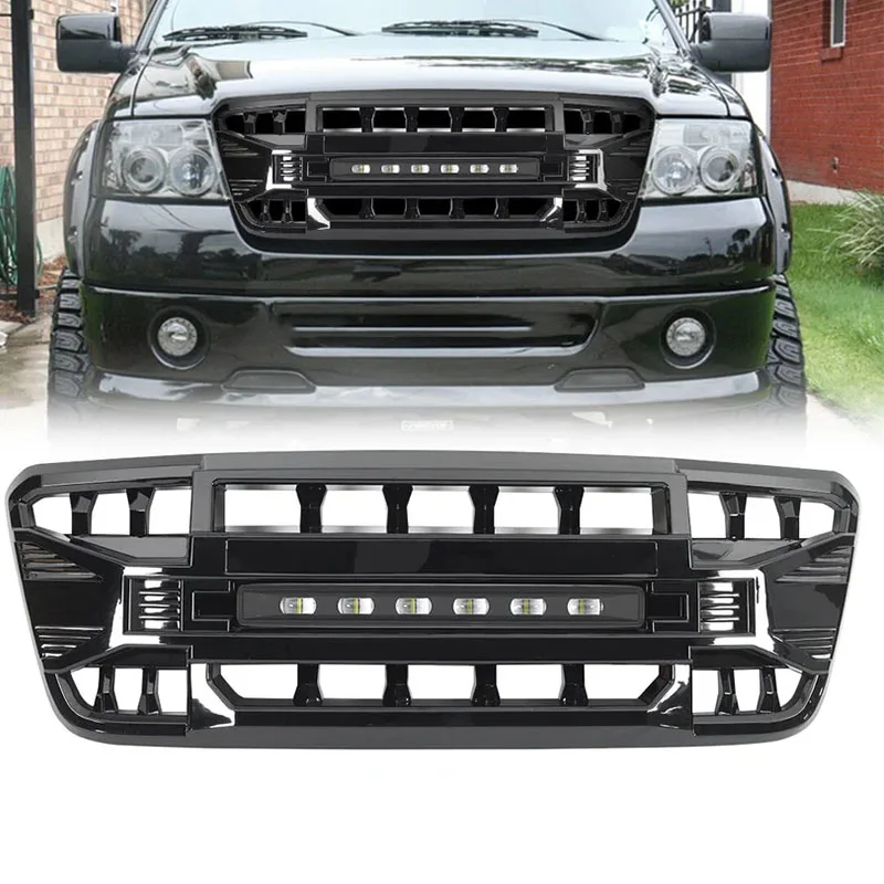 Front Armored Mesh Grille Assembly Gloss Black With Off-Road LED Marker Lights OEM 4L3Z-8200-BAPTM For 2004-2008 Ford F-150 F150
