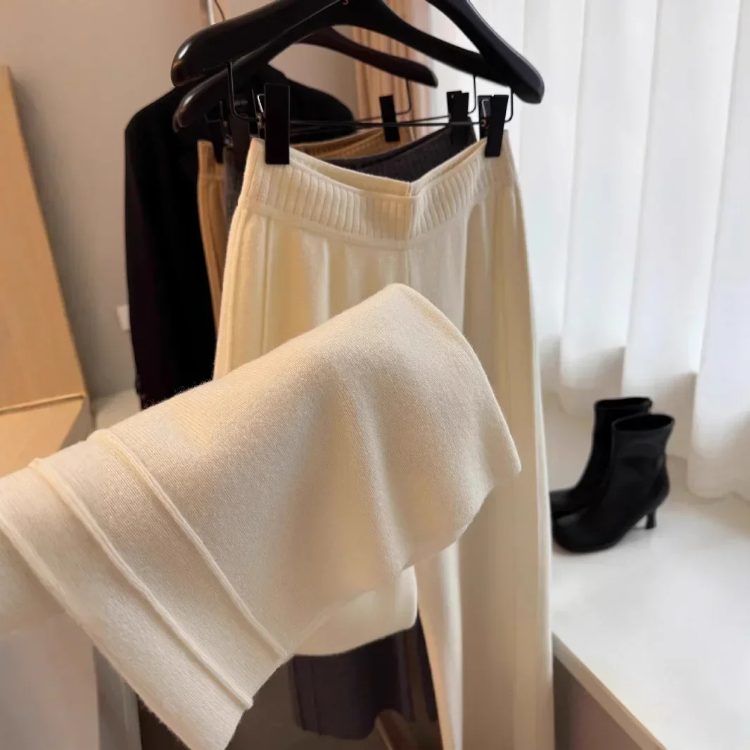 Autumn Winter Hickened Cashmere Knitted Wide Leg Pants Women's High Waist Draped Pants Casual Loose Pants