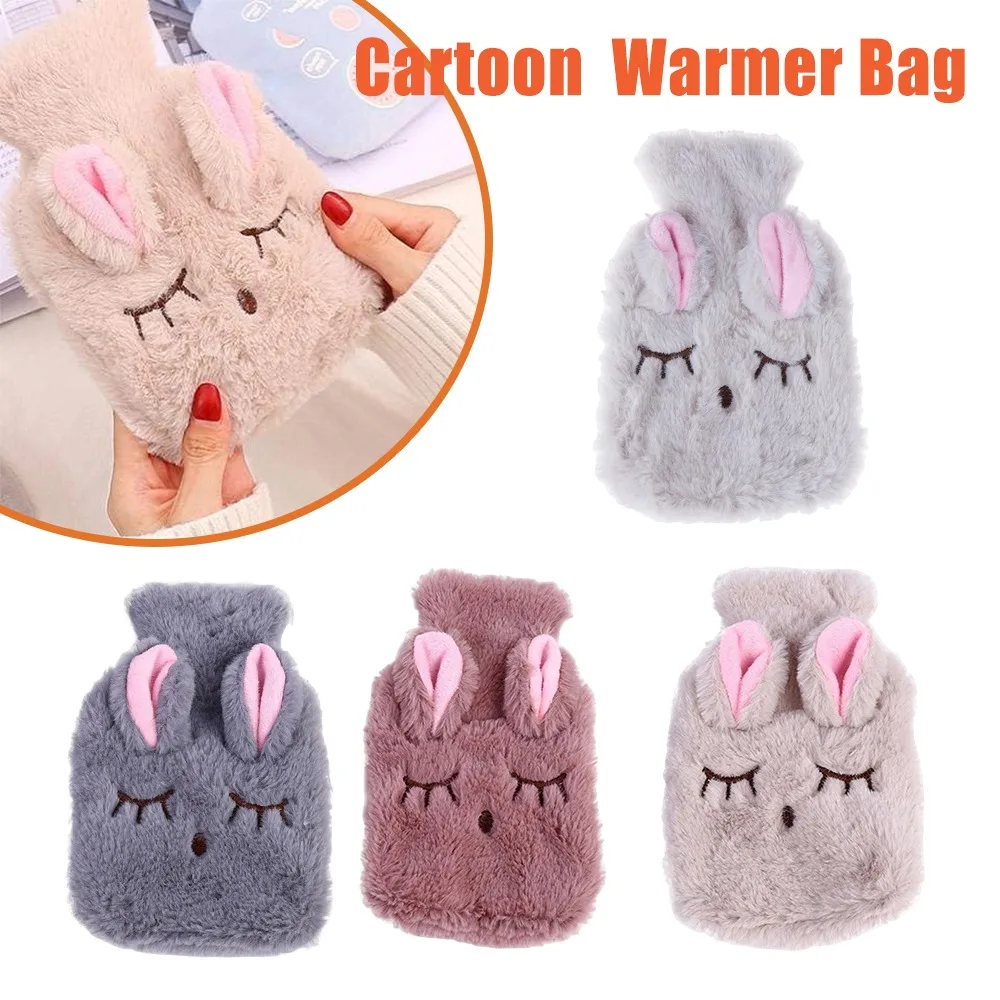 Cute Squinting Eye Rabbit Plush Hot Water Bottle Removable Washable Cover Refillable Hand Warmer Heating Pad for Kids Women