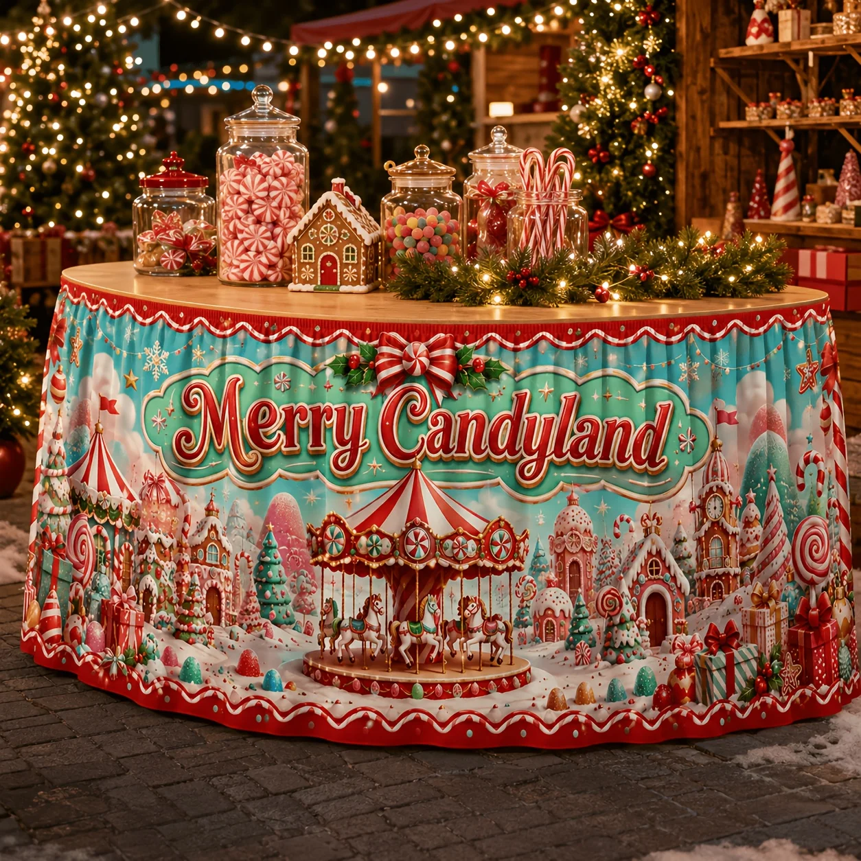 One tablecloth or table skirt, Merry Candy Land Christmas Carousel Gingerbread House Crutch Candy Lollipop Gift Snowzyc