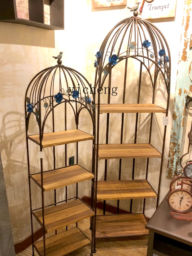 ZC Iron Flower Stand Solid Wood Boards Shelf Bird Flower Stand Store Decorative Birdcage Storage Stand