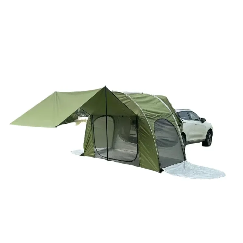 Upgrade with mesh to extend the canopy, integrated tent behind the car