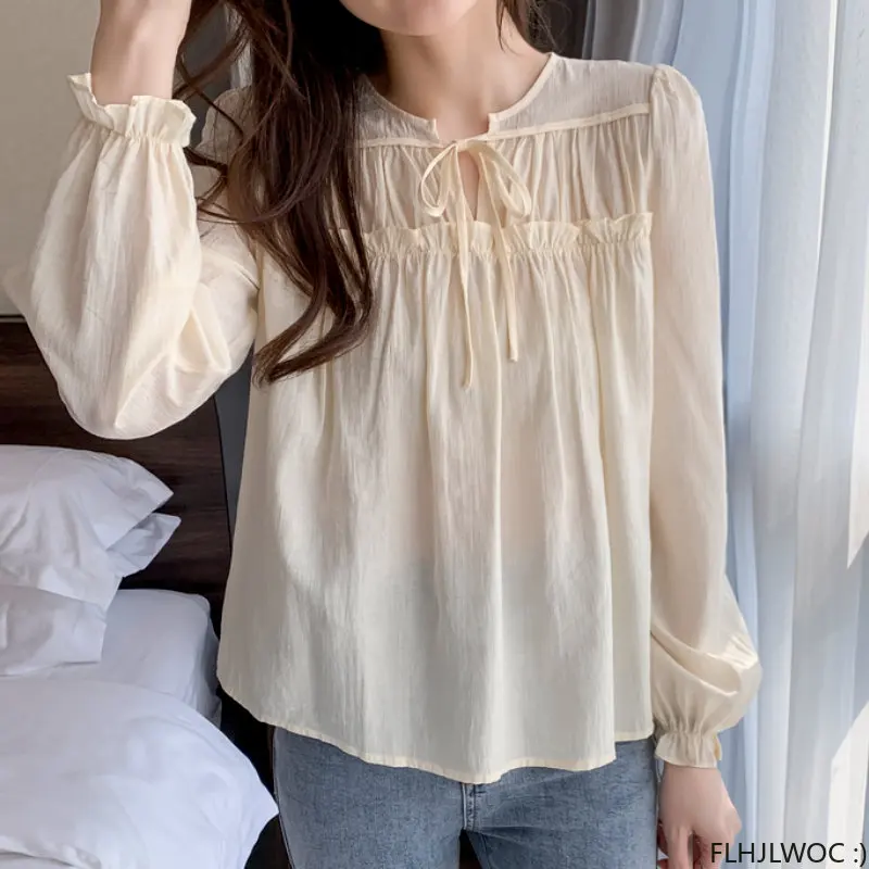 Hot Sales Bow Tie Ruffles Tops Blusas 2023Cute Sweet Girls Chic Korea Fashion Clothes Solid Cotton Blends Women Shirts Blouses