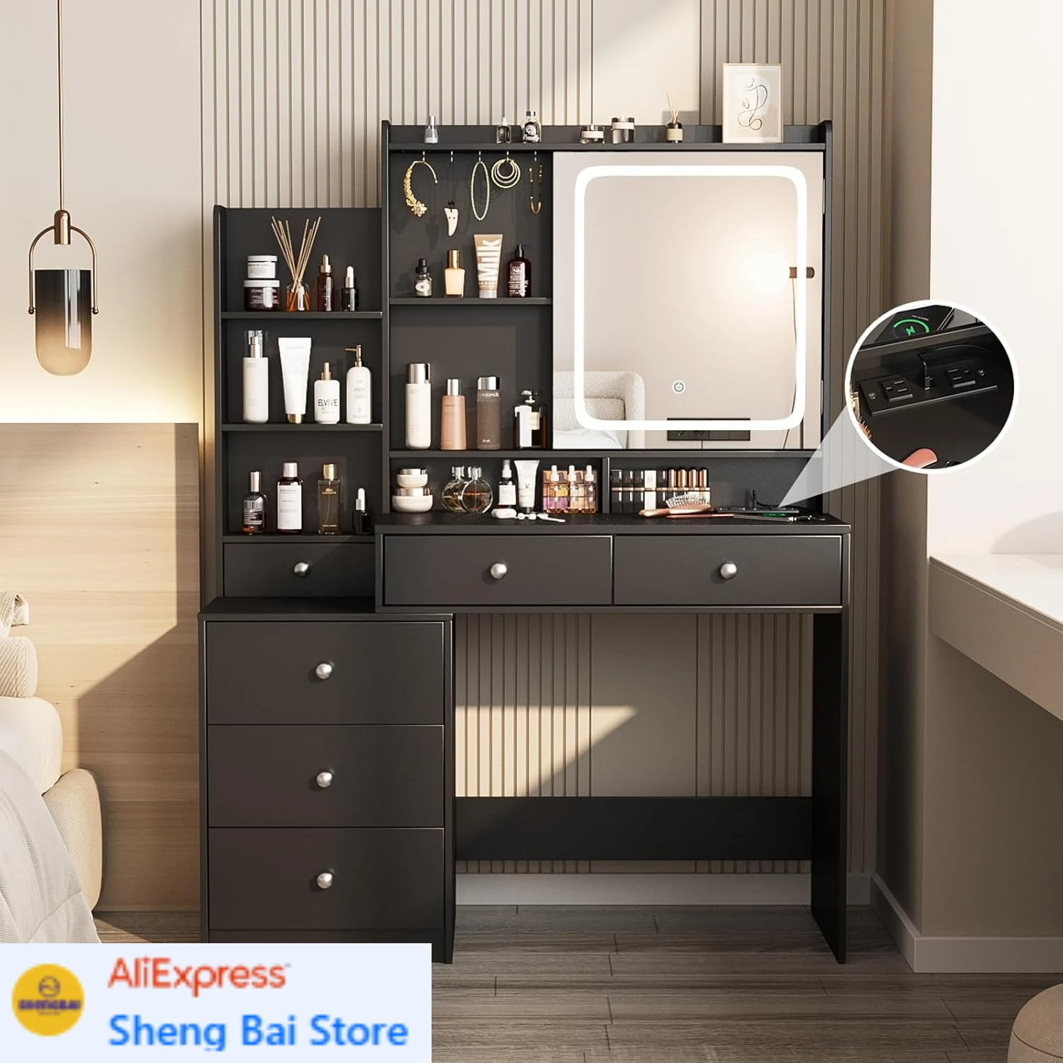 Dressing Table with Power Outlet, Vanity Desk with Mirror and Lights, Makeup