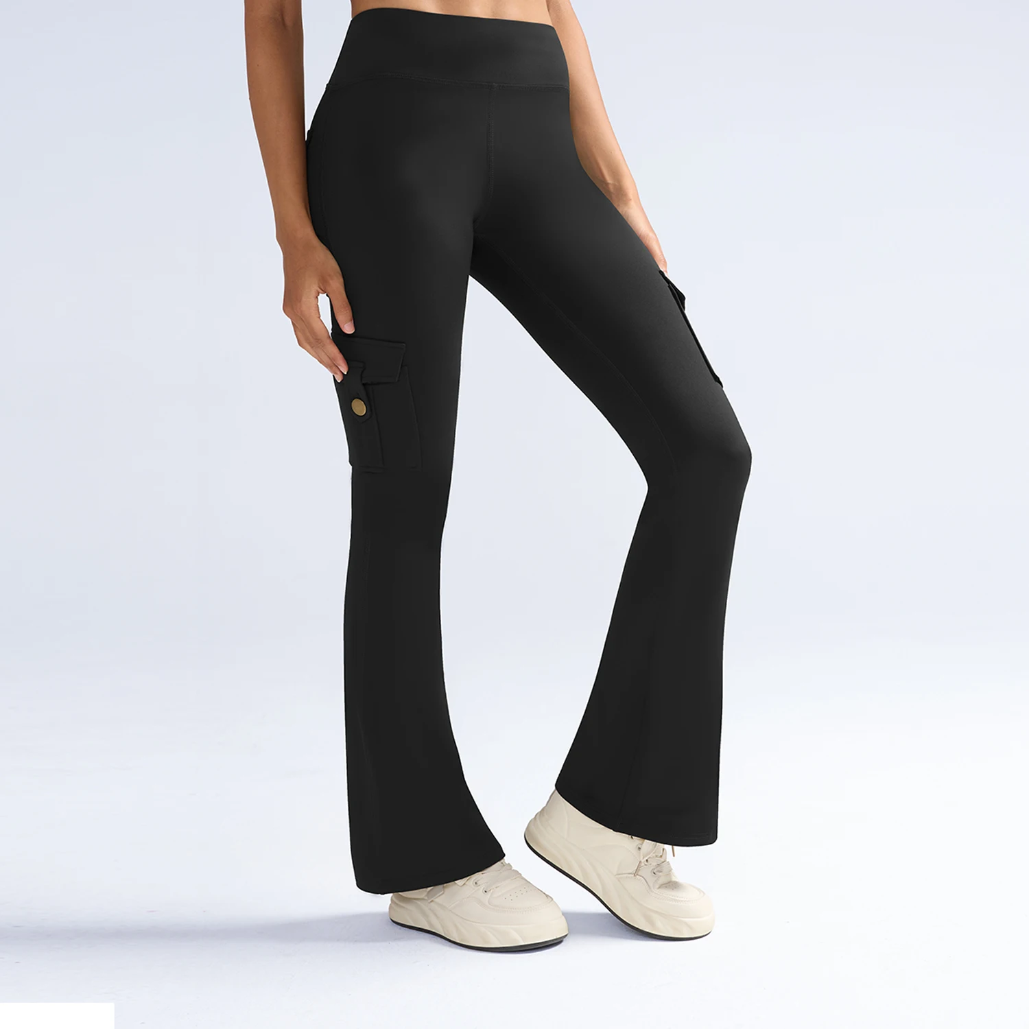 جيب مضيئة طماق للنساء عالية الخصر Bootcut جرس قيعان البطن التحكم اليوغا السراويل موضة الرياضة واسعة الساق طماق