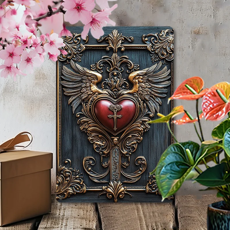 1pc Vintage Wings and Red Heart Aluminum Wall Art, 8x12inch Metal Tin Sign for Home, Office, Bathroom, and Outdoor Decor