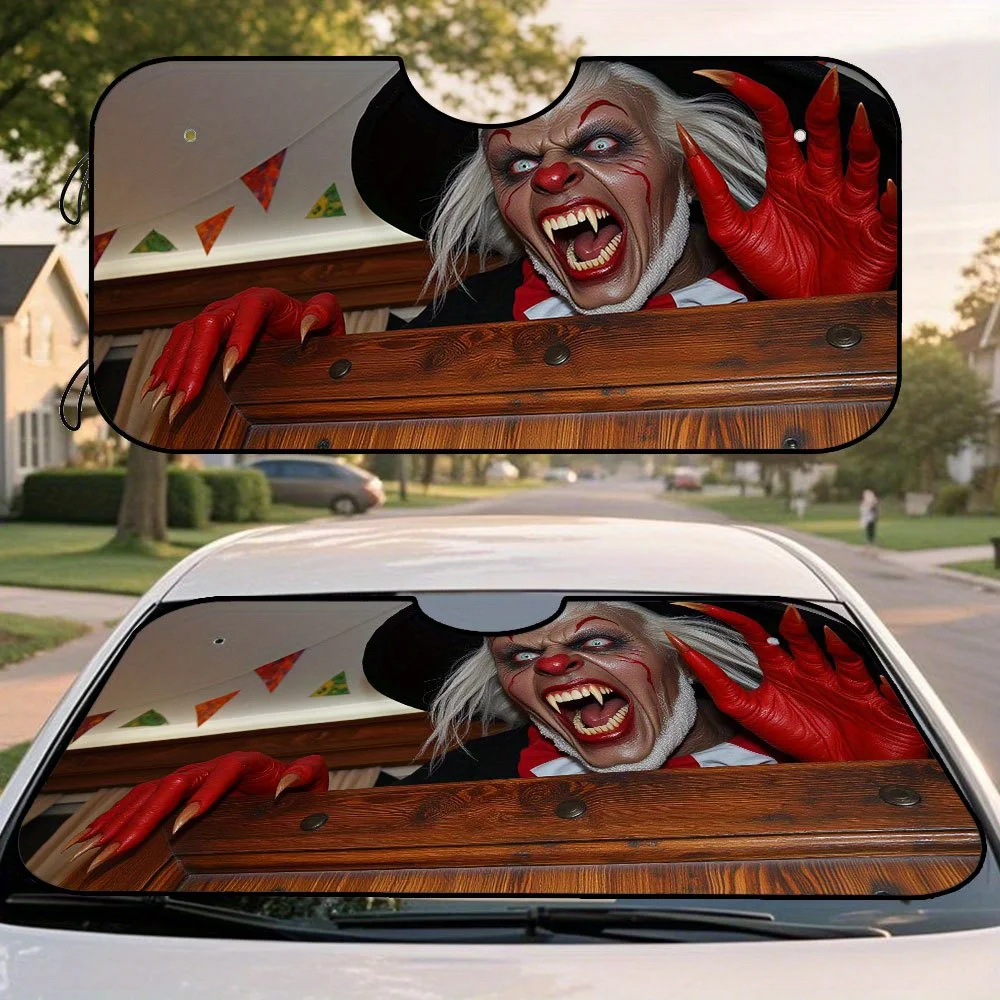 

1pc Halloween Scary Witch Clown Sunshade - Foldable Car Windshield Cover With Spooky Red-Eyed Character Design, Durable Polyeste