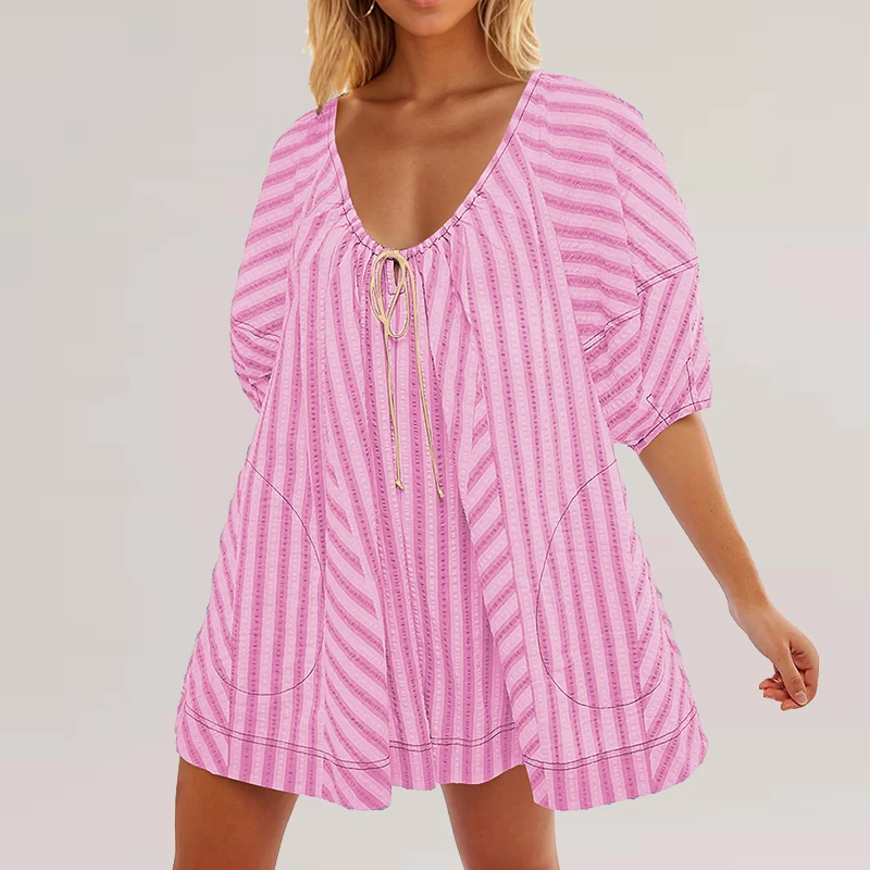 

New 2024 Summer Striped Print Loose Shorts Jumpsuit Ladies Sexy V Neck Lace Up Beach Playsuit Fashion Puff Sleeve Pocket Romper