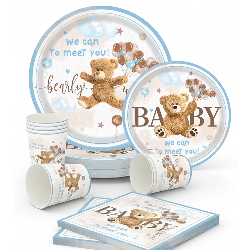 Cartoon-Bären Einweggeschirr Teller Servietten Banner We Can Bearly Wait Babyparty-Zubehör Kinder Bären-Geburtstagsparty-Dekorationen