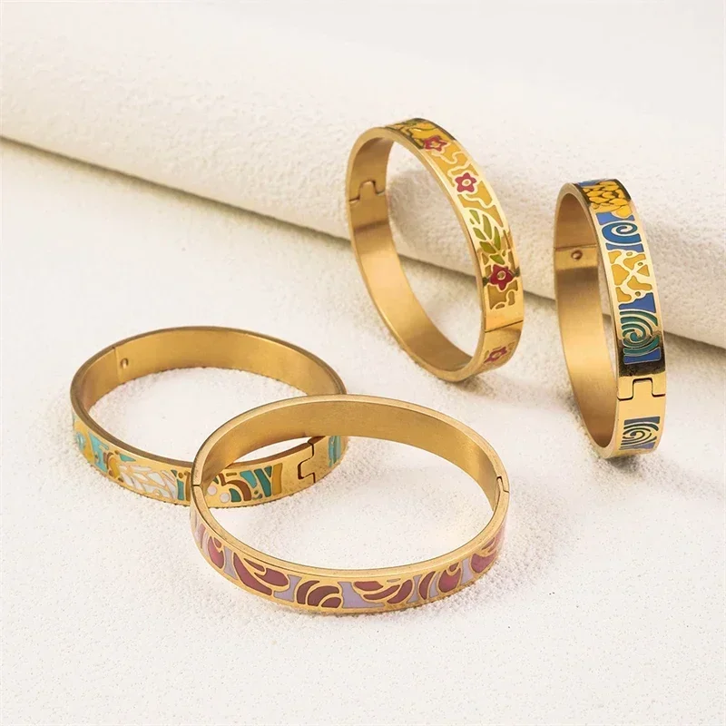 Trendy Stainless Steel Ethnic Flower Bracelet for Women Charm Colorful Enamel Wrist Waterproof Bangles Bracelets Jewelry