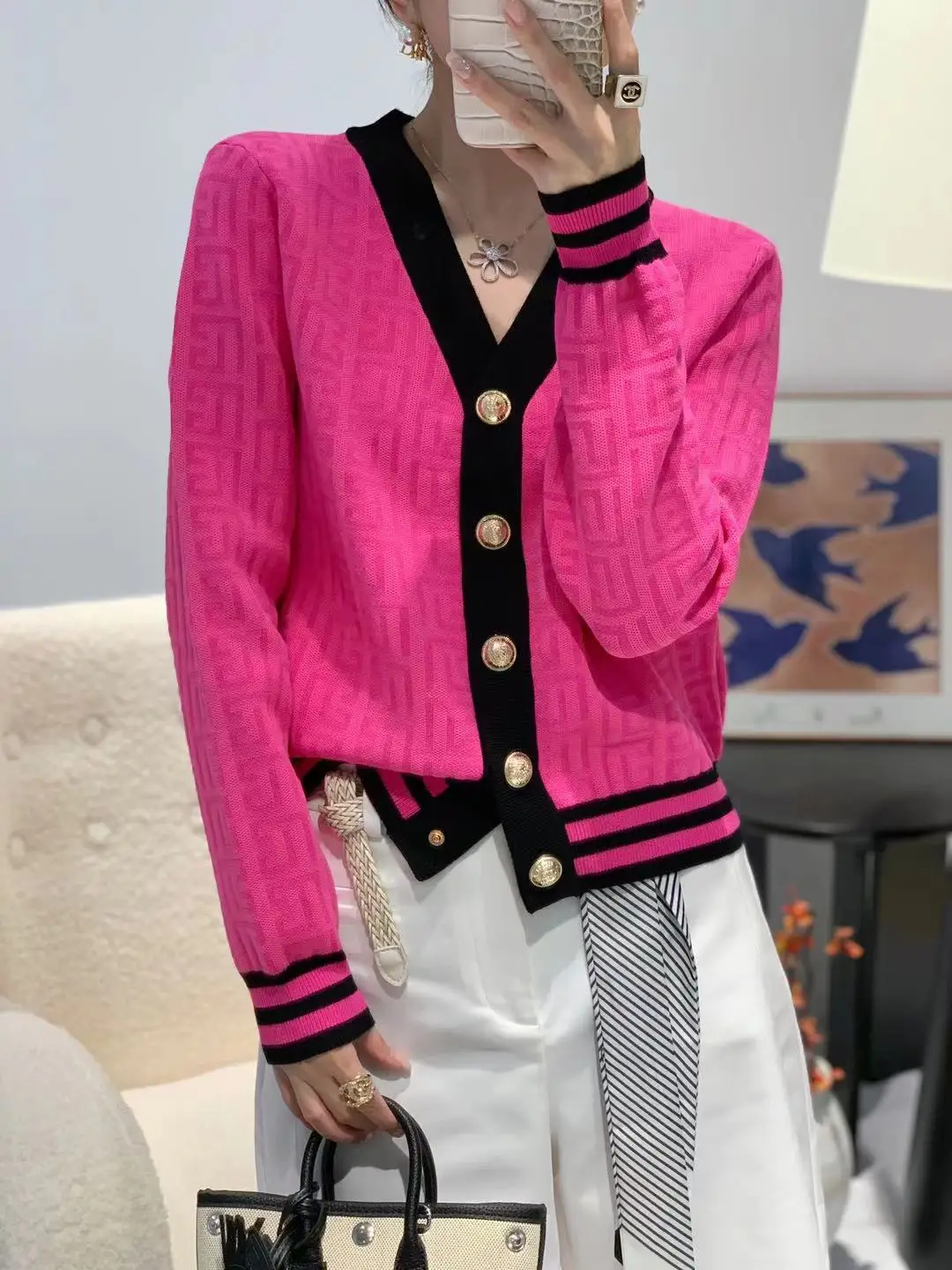 

Ele Long Sve V-Ne Вязаный открытый кардиган женский элитный европейский топ с кисточками Bla белого цвета контрастного цвета Blo Top