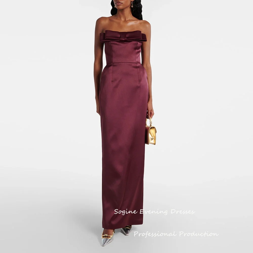 

Satin Customized Burgundy Prom Dresses 2025 For Women Strapless Evening Dress With Elegant Bow Straight فساتين سهرة