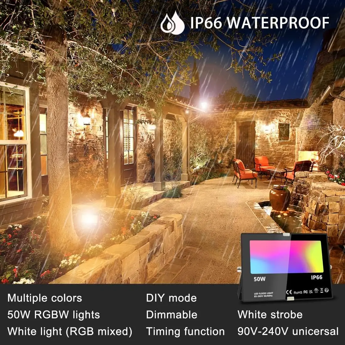 50W RGBW Outdoor Flood Lights with Remote, 120 Colors, Dimmable, Timing, IP66 Waterproof (2 Pack)