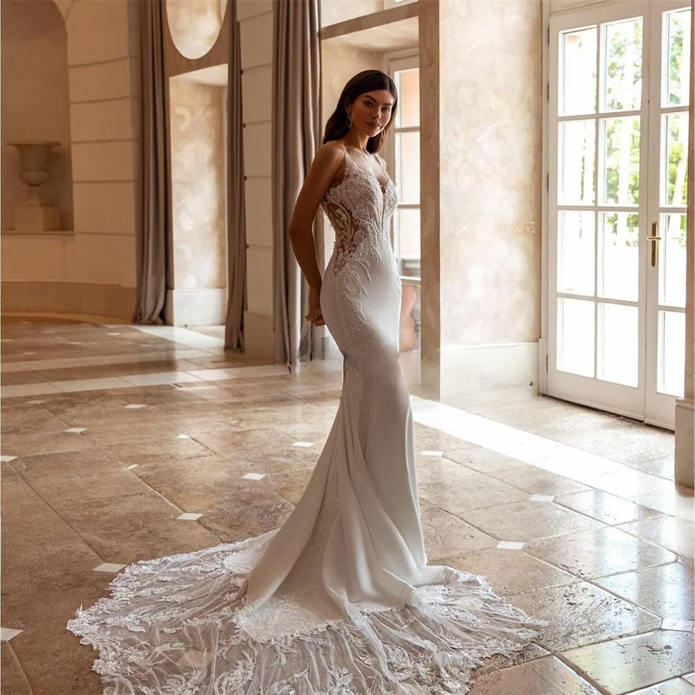 Luxury V-neck Mermaid Wedding Dresses for Women Spaghetti Straps Lace Appliques Robe De Mariee Backless Bridal Gown image 3