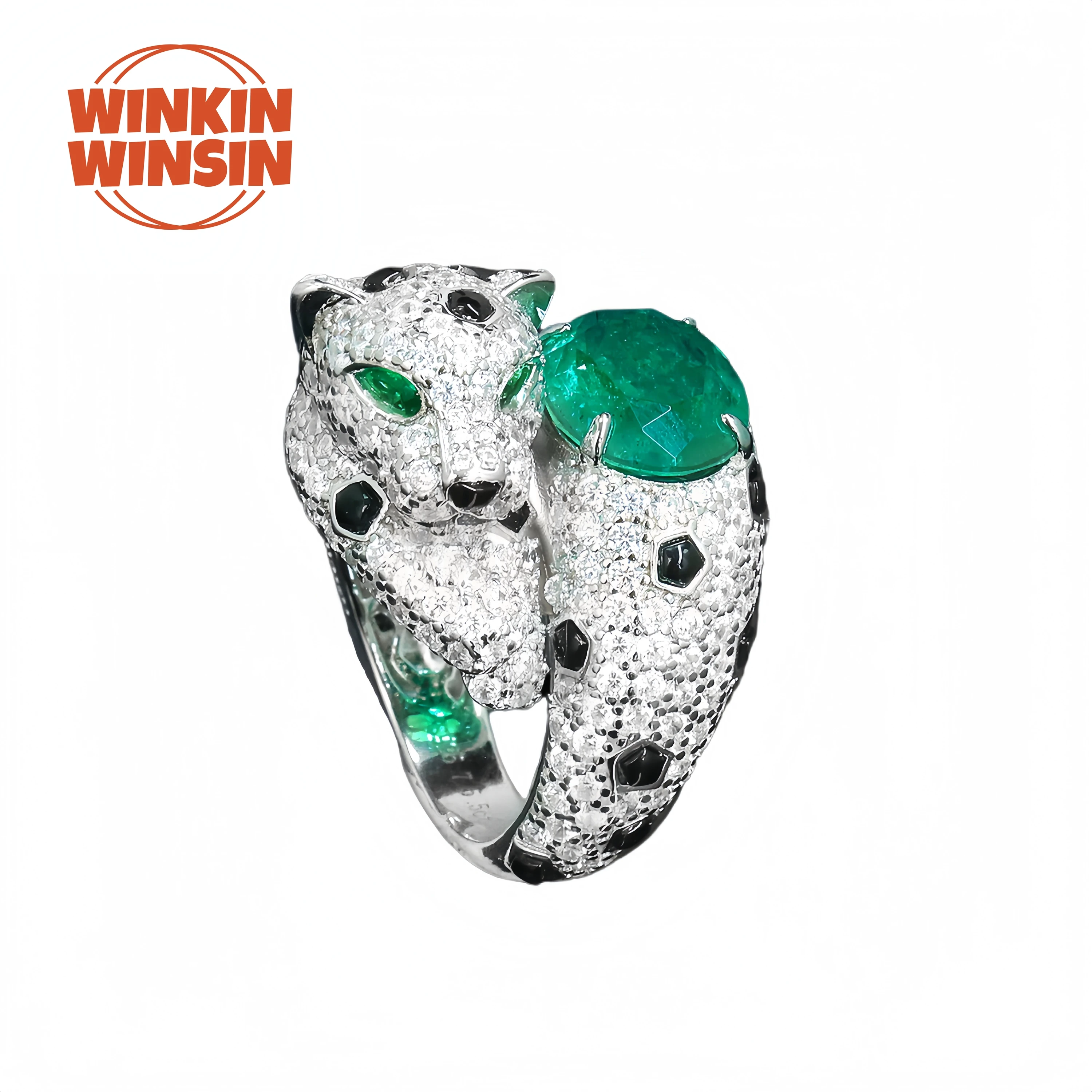 

Winkin Winsin Luxury Brand S925 925 Sterling Silver Ring High Carbon Diamond Leopard Head Green Gemstone Jewelry Rings For Woman