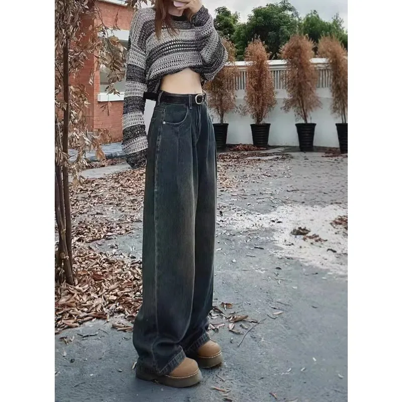 

Весна и осень 2024, новые тонкие драпированные широкие брюки в стиле ретро, серые свободные прямые джинсы, женские пригородные брюки с высокой талией