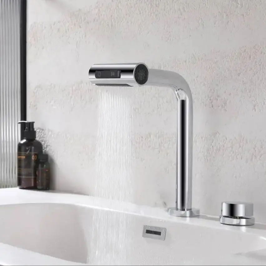 Modern Bathroom Pull Down Sink Faucet Deck Mounted 2 Mode Dual Hole Restroom Sink Faucets One Hole Hot and Cold Mixer Tap Chrome